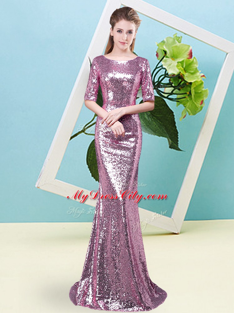 Delicate Half Sleeves Sequined Floor Length Zipper in Fuchsia with Sequins