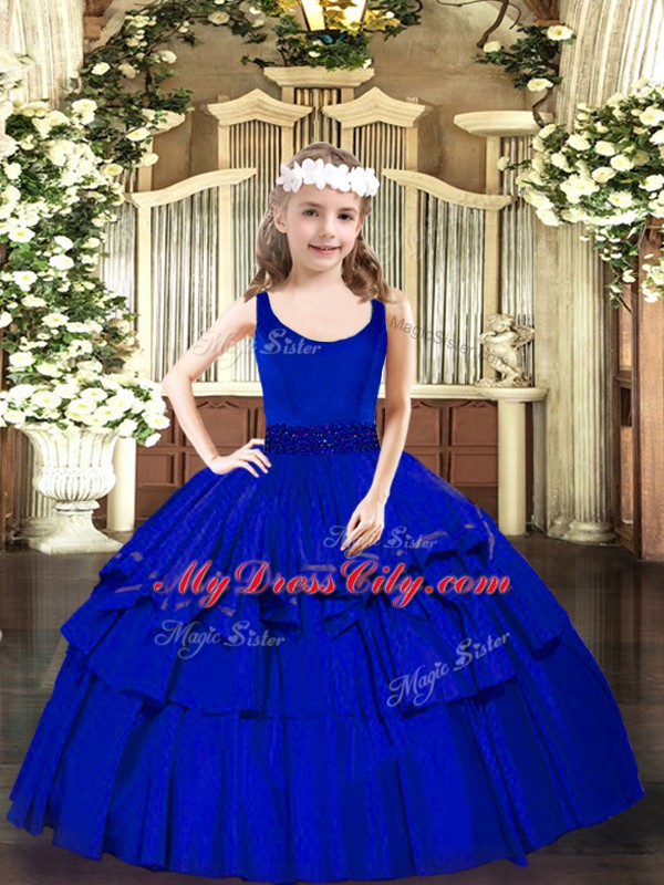 Gorgeous Ball Gowns Little Girl Pageant Dress Royal Blue Scoop Organza Sleeveless Floor Length Zipper