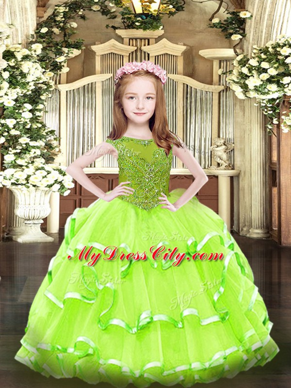 Custom Design Sleeveless Organza Floor Length Zipper Pageant Dress Toddler in with Beading and Ruffled Layers