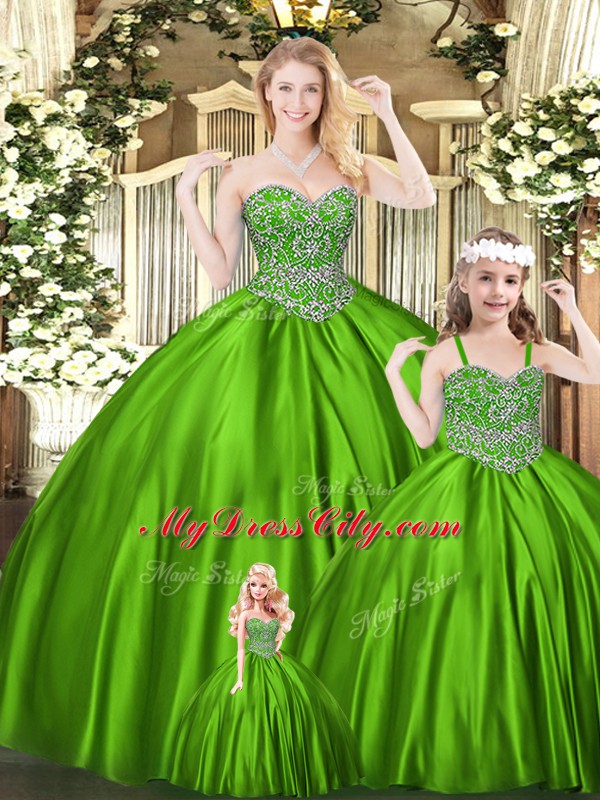 Excellent Green Sleeveless Floor Length Beading Lace Up Quinceanera Gowns