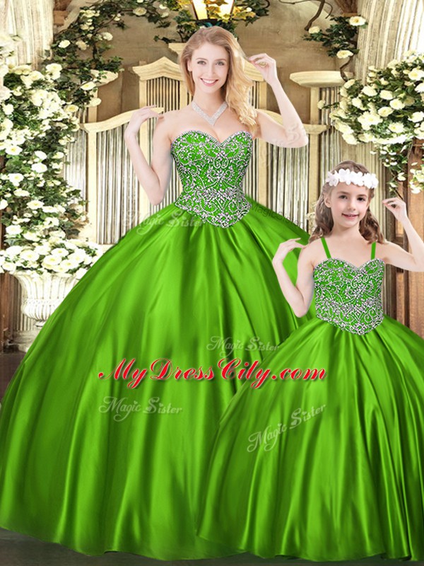 Excellent Green Sleeveless Floor Length Beading Lace Up Quinceanera Gowns