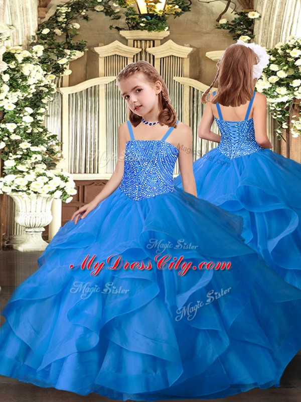 Hot Selling Sleeveless Lace Up Floor Length Beading and Ruffles Child Pageant Dress