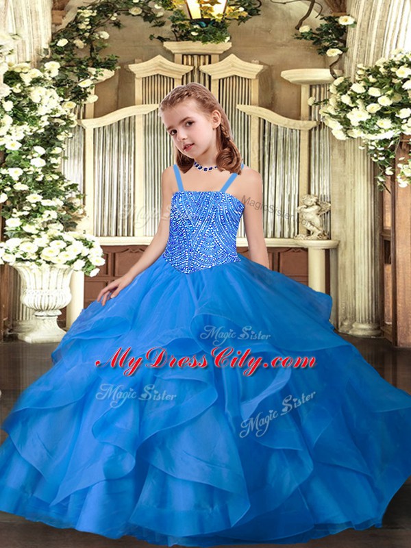 Hot Selling Sleeveless Lace Up Floor Length Beading and Ruffles Child Pageant Dress