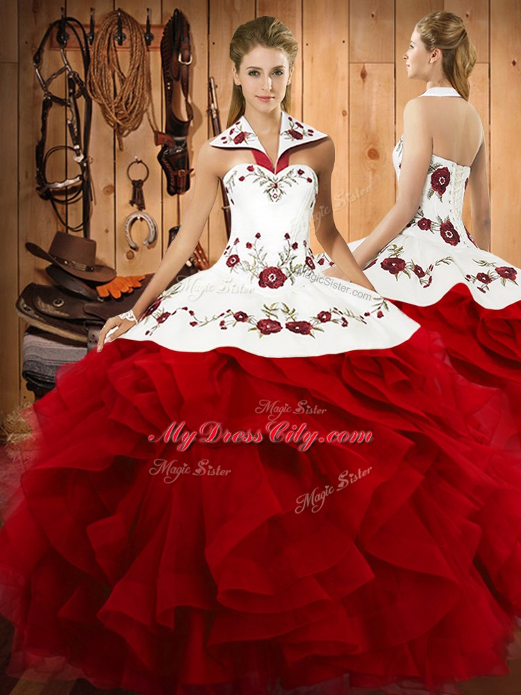 Wine Red Halter Top Neckline Embroidery and Ruffles Vestidos de Quinceanera Sleeveless Lace Up