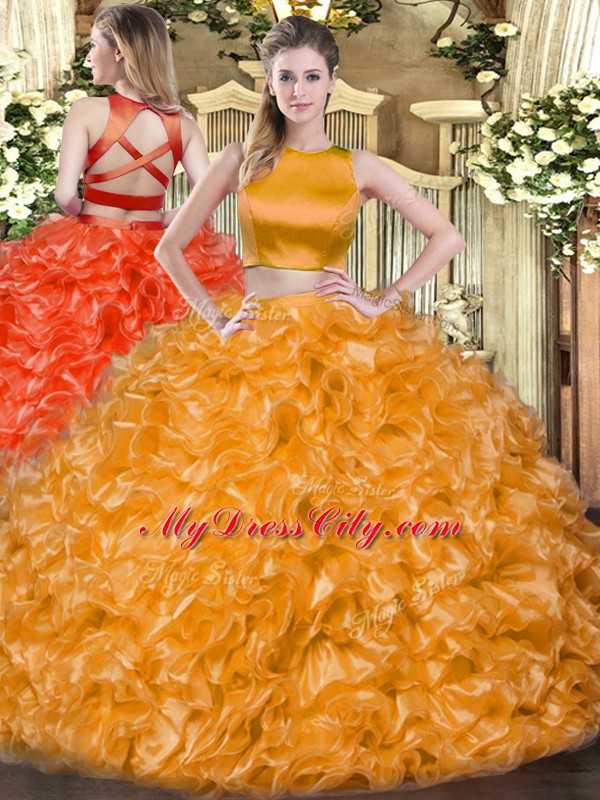 High Quality Orange Red Two Pieces Tulle High-neck Sleeveless Ruffles Floor Length Criss Cross Sweet 16 Dresses