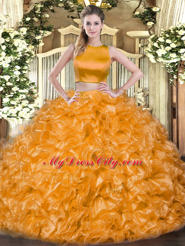 High Quality Orange Red Two Pieces Tulle High-neck Sleeveless Ruffles Floor Length Criss Cross Sweet 16 Dresses