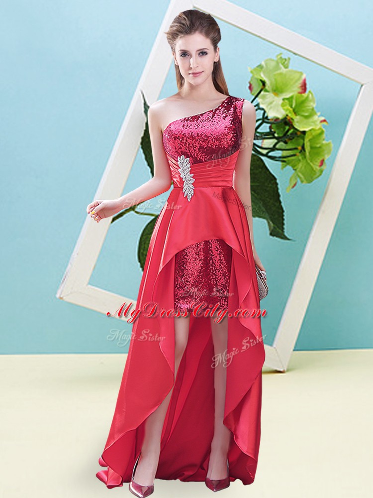 High Quality A-line Evening Dress Coral Red One Shoulder Elastic Woven Satin and Sequined Sleeveless High Low Lace Up