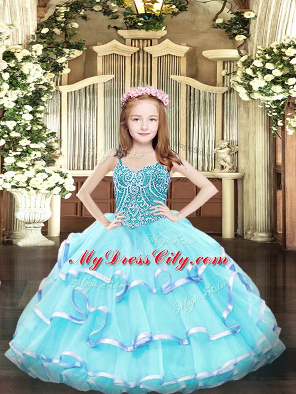 Straps Sleeveless Kids Pageant Dress Floor Length Beading and Ruffled Layers Aqua Blue Organza