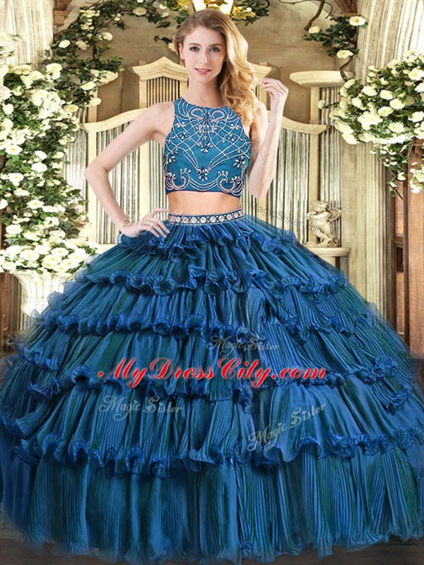 Custom Design Teal Two Pieces High-neck Sleeveless Tulle Floor Length Zipper Beading and Ruffled Layers Sweet 16 Dresses