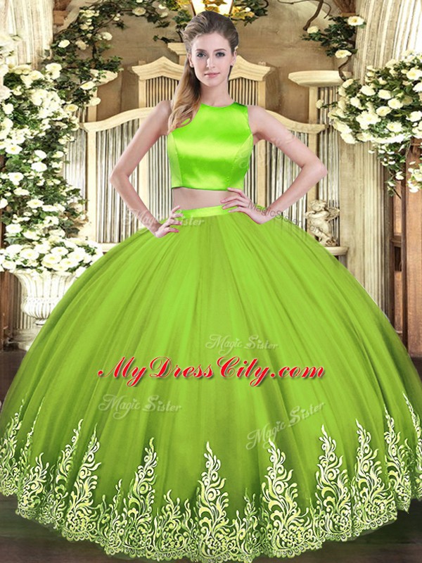 Dramatic Yellow Green Tulle Criss Cross High-neck Sleeveless Floor Length Quinceanera Gowns Appliques