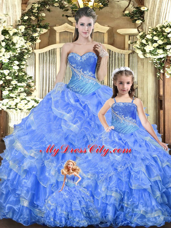 Best Selling Baby Blue Tulle Lace Up 15 Quinceanera Dress Sleeveless Floor Length Beading and Ruffles and Ruching