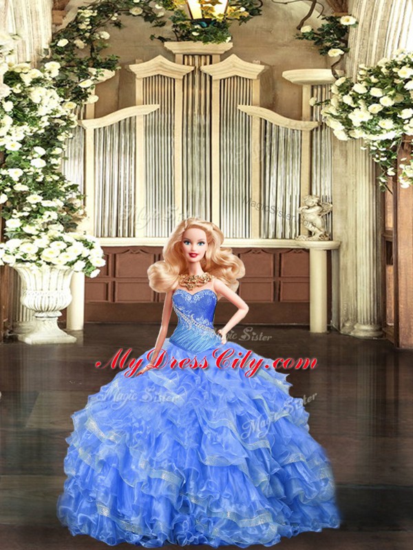 Best Selling Baby Blue Tulle Lace Up 15 Quinceanera Dress Sleeveless Floor Length Beading and Ruffles and Ruching