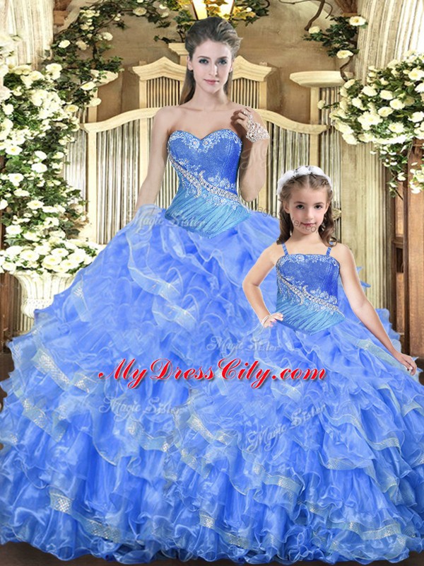 Best Selling Baby Blue Tulle Lace Up 15 Quinceanera Dress Sleeveless Floor Length Beading and Ruffles and Ruching