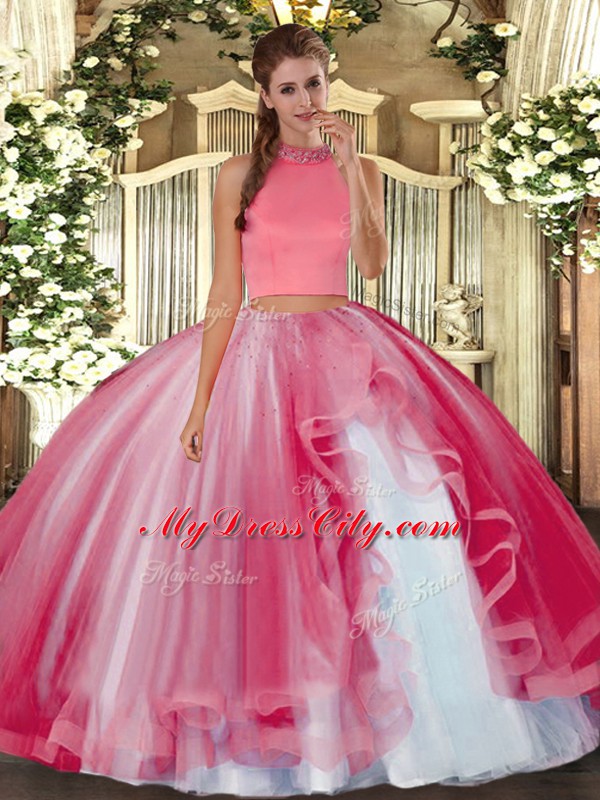 Chic Sleeveless Floor Length Beading and Ruffles Backless Quinceanera Dresses with Coral Red