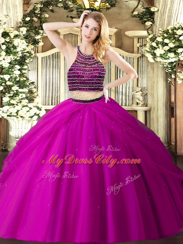 Deluxe Fuchsia Ball Gowns Halter Top Sleeveless Tulle Floor Length Zipper Beading and Ruching 15 Quinceanera Dress