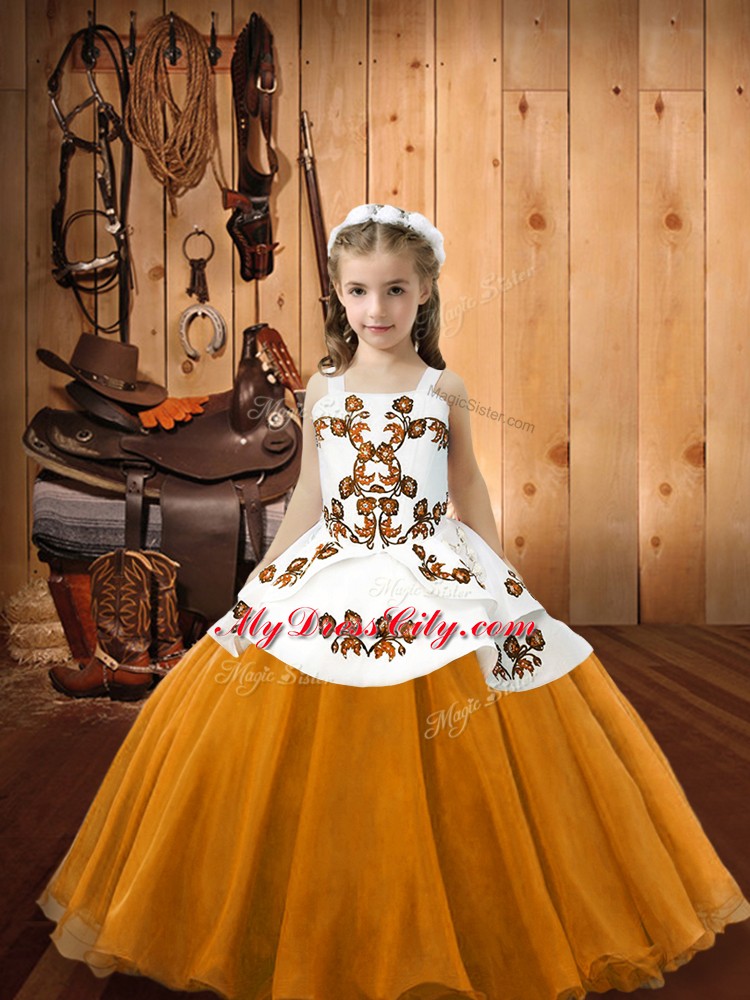 Sleeveless Floor Length Embroidery Lace Up Little Girls Pageant Dress Wholesale with Orange