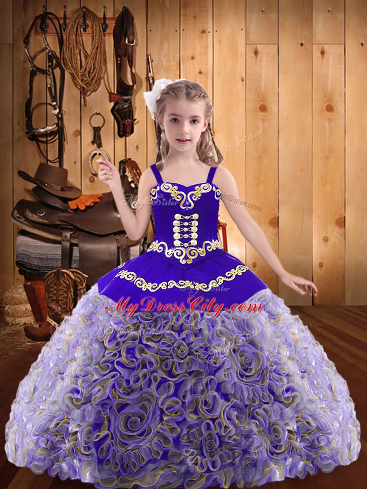 Multi-color Lace Up Straps Embroidery and Ruffles Little Girl Pageant Gowns Fabric With Rolling Flowers Sleeveless