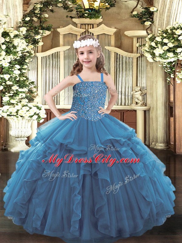 Trendy Teal Sleeveless Floor Length Beading and Ruffles Lace Up Little Girl Pageant Gowns