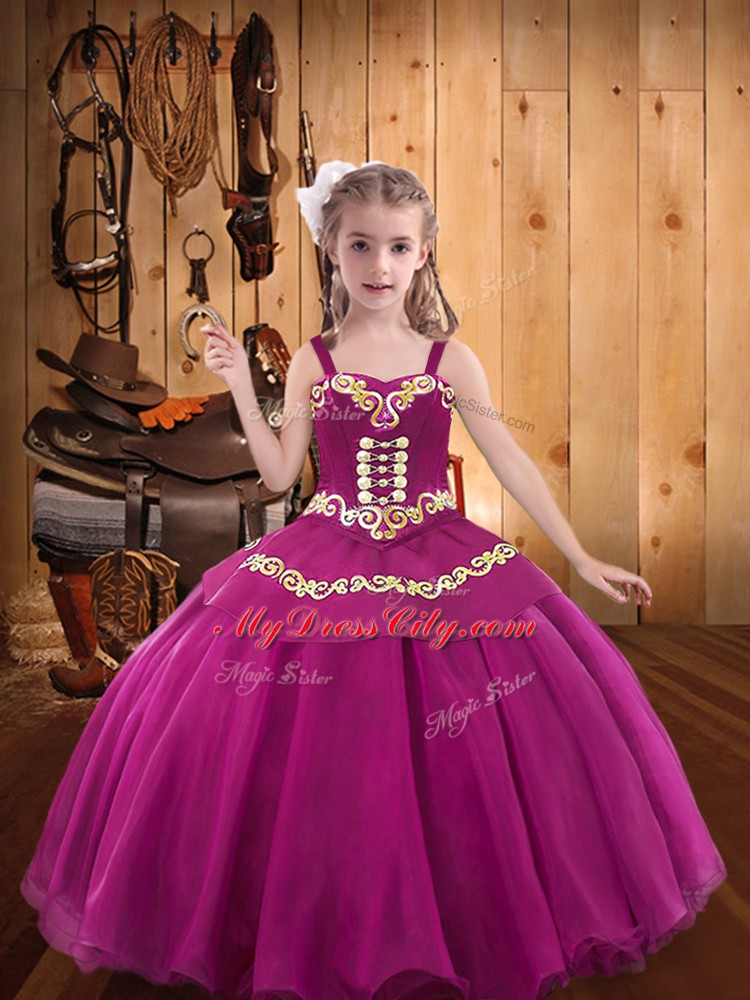 Cute Floor Length Fuchsia Little Girls Pageant Gowns Organza Sleeveless Embroidery and Ruffles