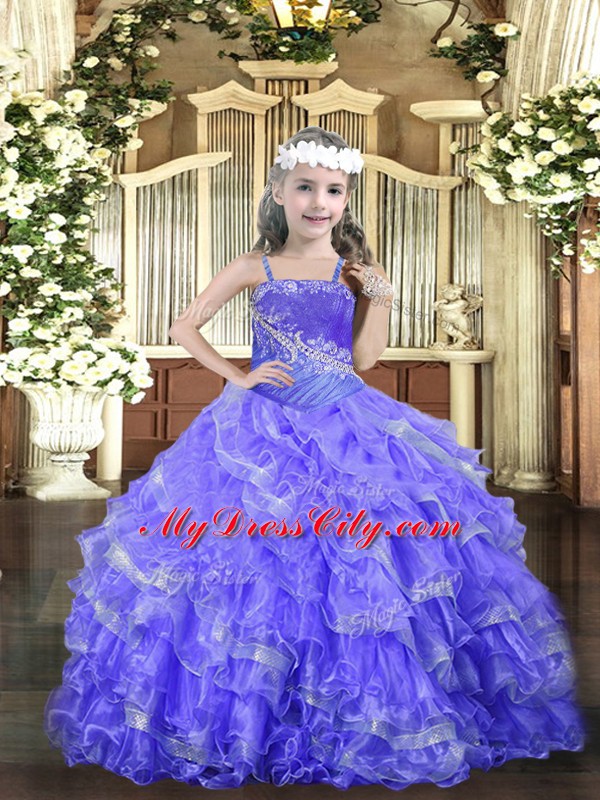 High Quality Lavender Sleeveless Floor Length Beading and Ruffled Layers Lace Up Pageant Gowns For Girls