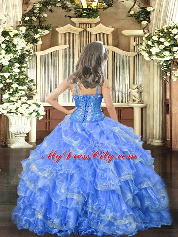 High Quality Lavender Sleeveless Floor Length Beading and Ruffled Layers Lace Up Pageant Gowns For Girls