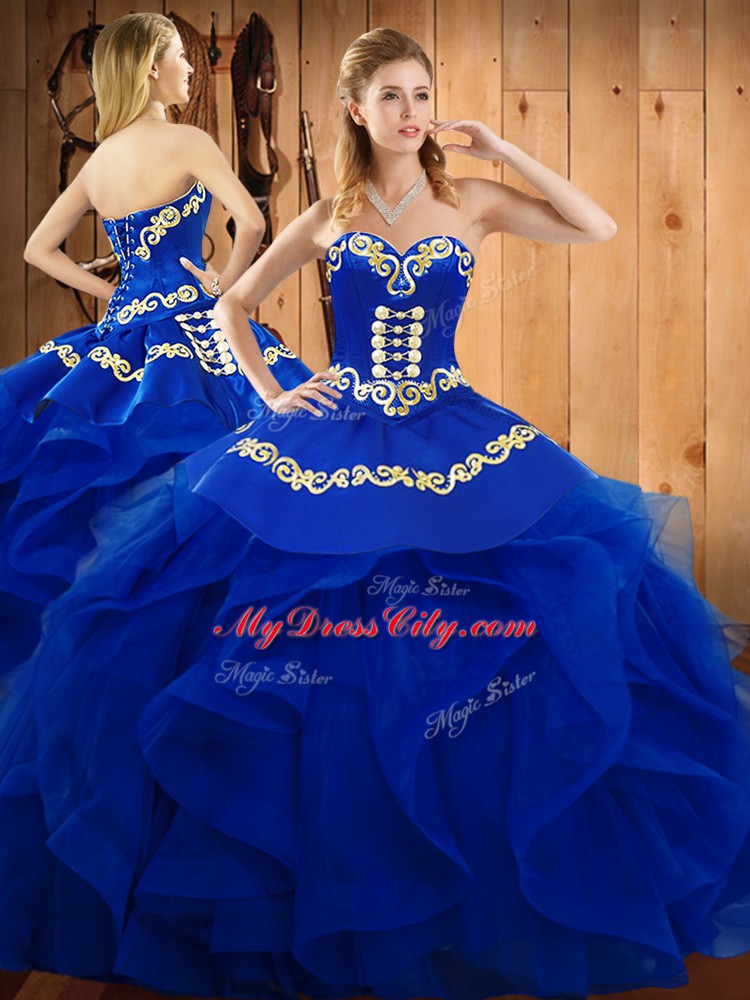 Exquisite Ball Gowns Vestidos de Quinceanera Blue Sweetheart Organza Sleeveless Floor Length Lace Up