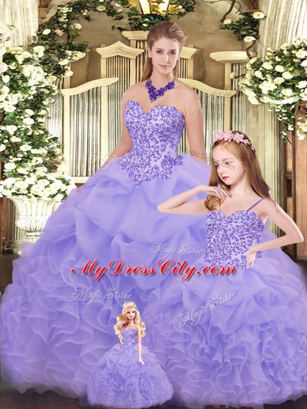 Luxurious Lavender Sleeveless Organza Lace Up Quinceanera Dress for Military Ball and Sweet 16 and Quinceanera