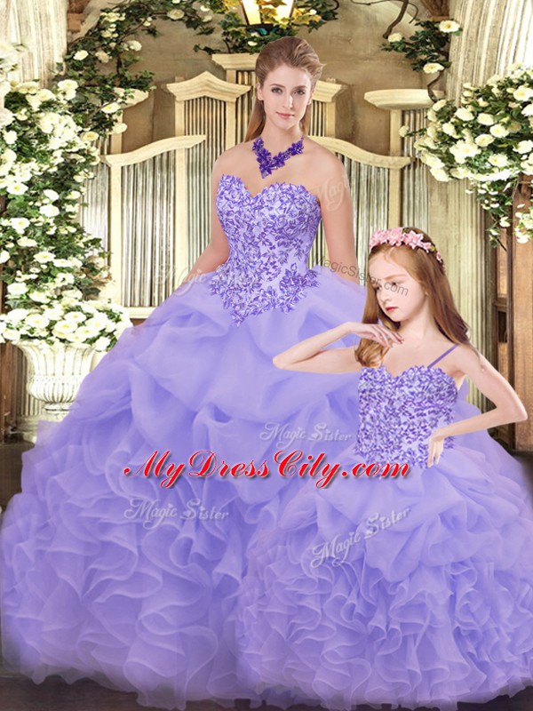 Luxurious Lavender Sleeveless Organza Lace Up Quinceanera Dress for Military Ball and Sweet 16 and Quinceanera