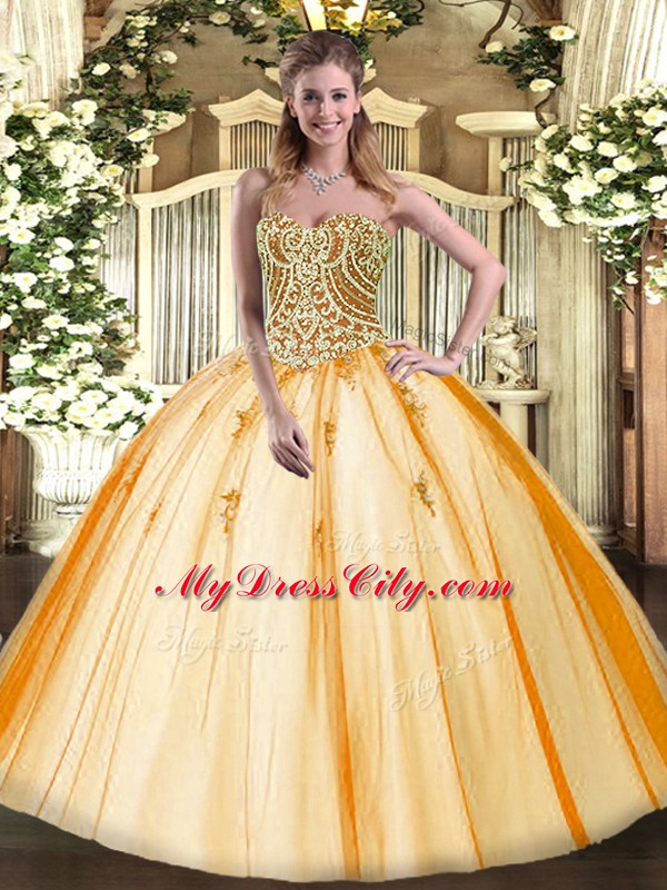 Fashionable Gold Ball Gowns Sweetheart Sleeveless Tulle Floor Length Lace Up Beading Quinceanera Dresses