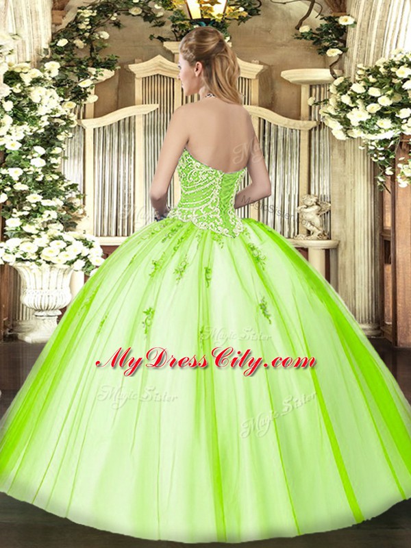 Fashionable Gold Ball Gowns Sweetheart Sleeveless Tulle Floor Length Lace Up Beading Quinceanera Dresses