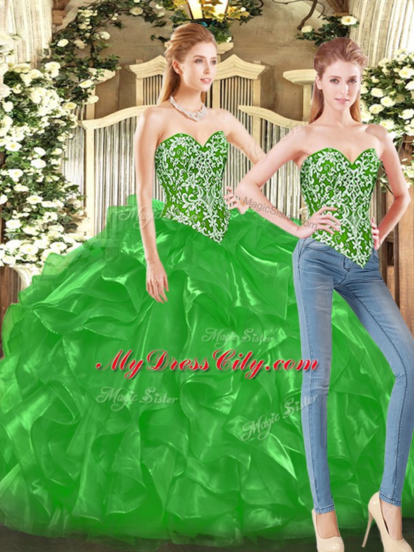 Decent Green Ball Gowns Sweetheart Sleeveless Tulle Floor Length Lace Up Beading and Ruffles Ball Gown Prom Dress