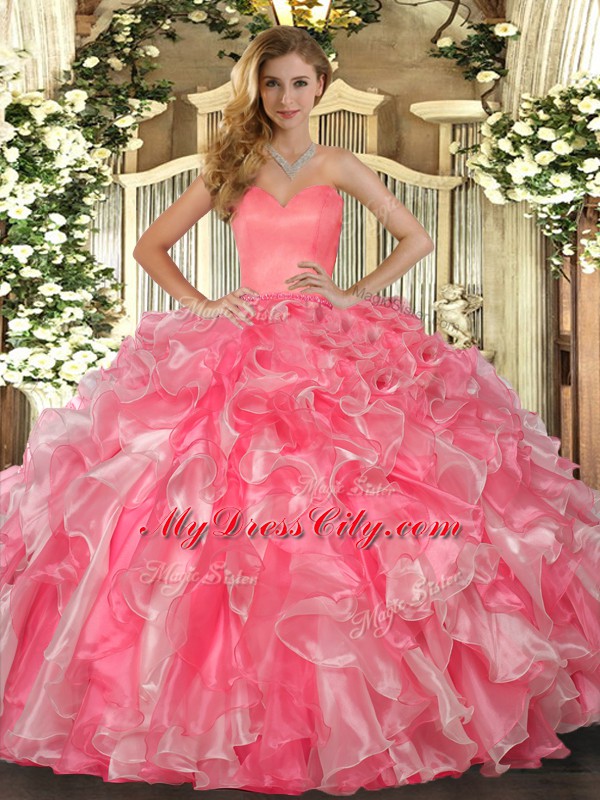 Exceptional Floor Length Watermelon Red Sweet 16 Dress Sweetheart Sleeveless Lace Up