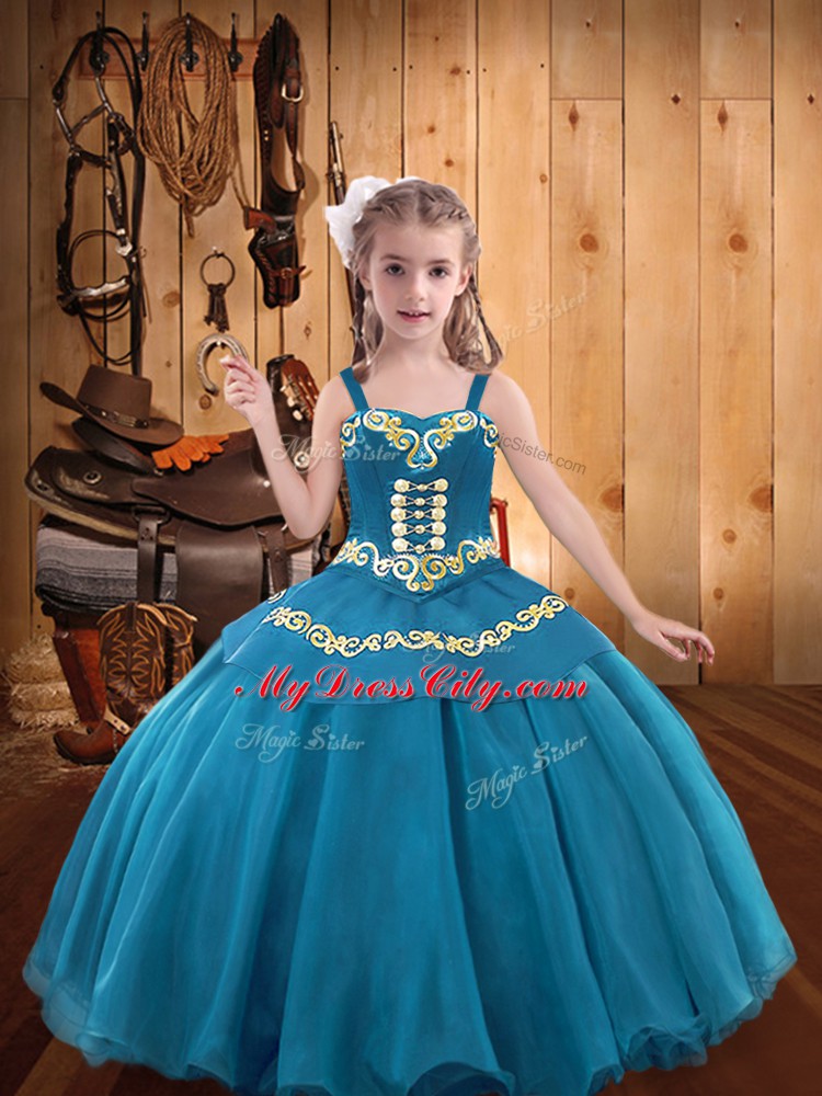 Glorious Sleeveless Floor Length Embroidery and Ruffles Lace Up Pageant Gowns with Teal