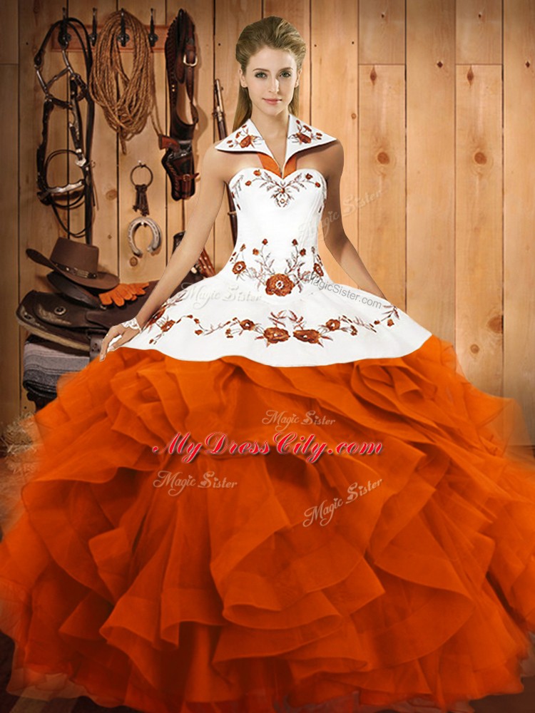 Colorful Orange Red Sleeveless Tulle Lace Up Quinceanera Gown for Military Ball and Sweet 16 and Quinceanera