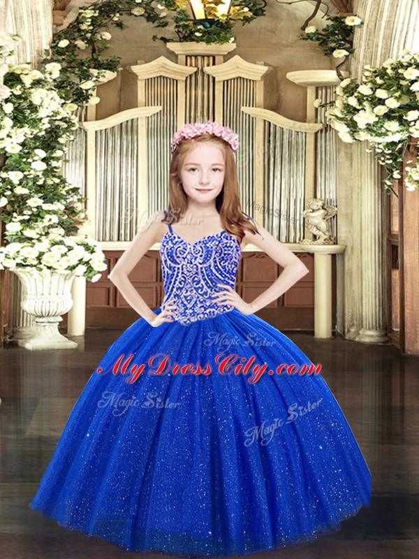 Perfect Floor Length Lace Up Little Girls Pageant Dress Royal Blue for Party and Quinceanera with Beading