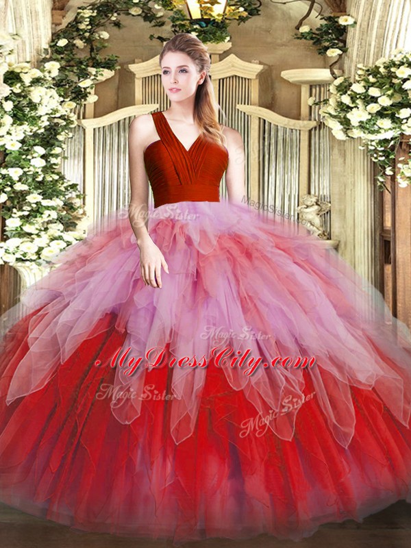 Multi-color Ball Gowns V-neck Sleeveless Organza Floor Length Zipper Ruffles Quinceanera Dress