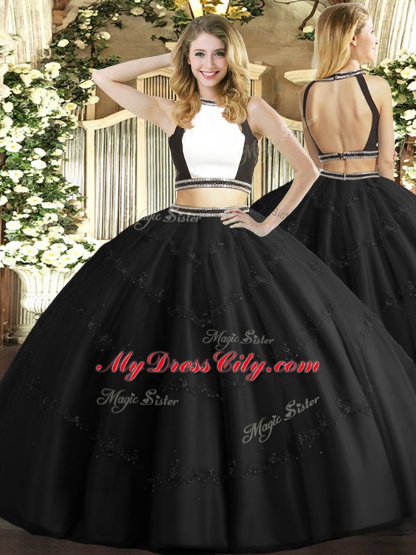 Enchanting Beading Sweet 16 Quinceanera Dress Black Backless Sleeveless Floor Length