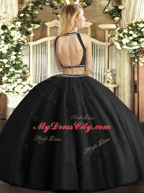 Enchanting Beading Sweet 16 Quinceanera Dress Black Backless Sleeveless Floor Length