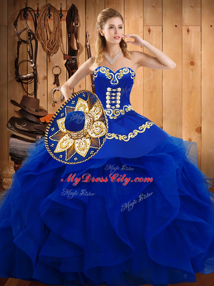 Comfortable Blue Lace Up Quinceanera Dresses Embroidery and Ruffles Sleeveless Floor Length