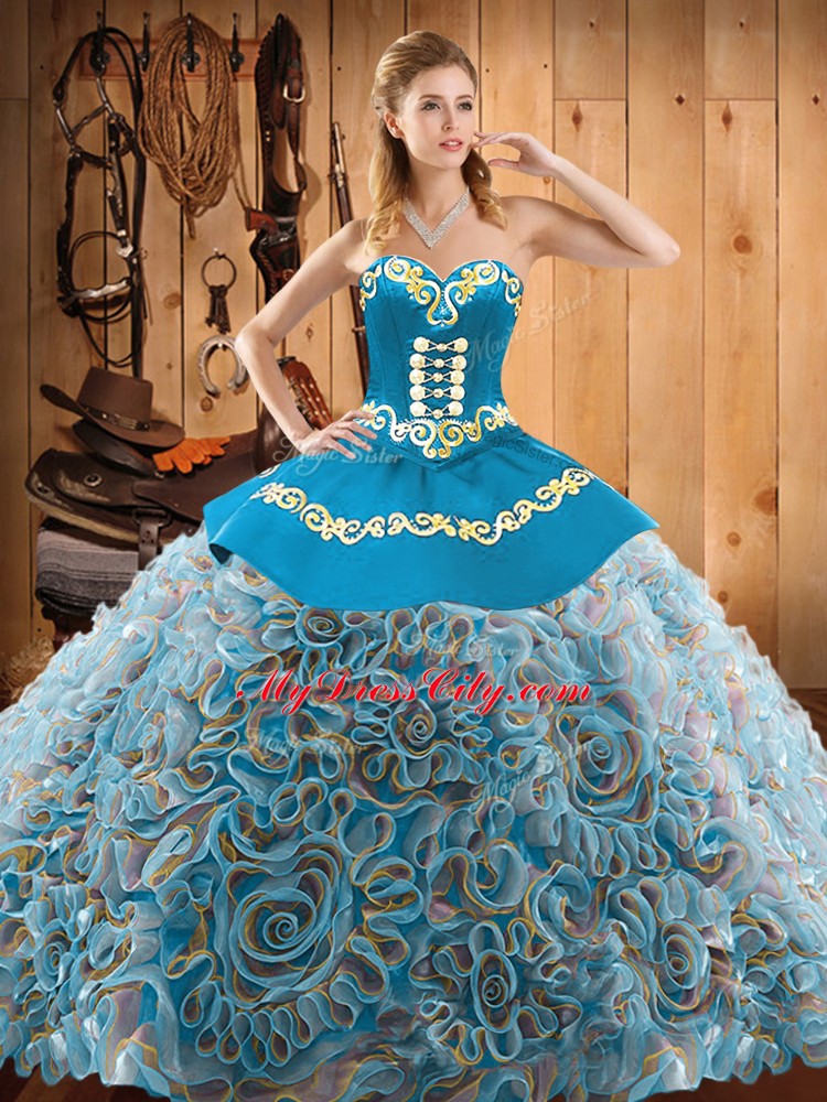 Multi-color Sleeveless Satin and Fabric With Rolling Flowers Sweep Train Lace Up Quinceanera Gowns for Military Ball and Sweet 16 and Quinceanera