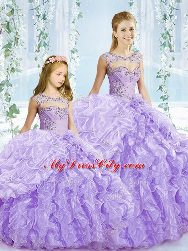 High End Lavender Quinceanera Gown Military Ball and Sweet 16 and Quinceanera with Beading and Ruffles Scoop Sleeveless Lace Up