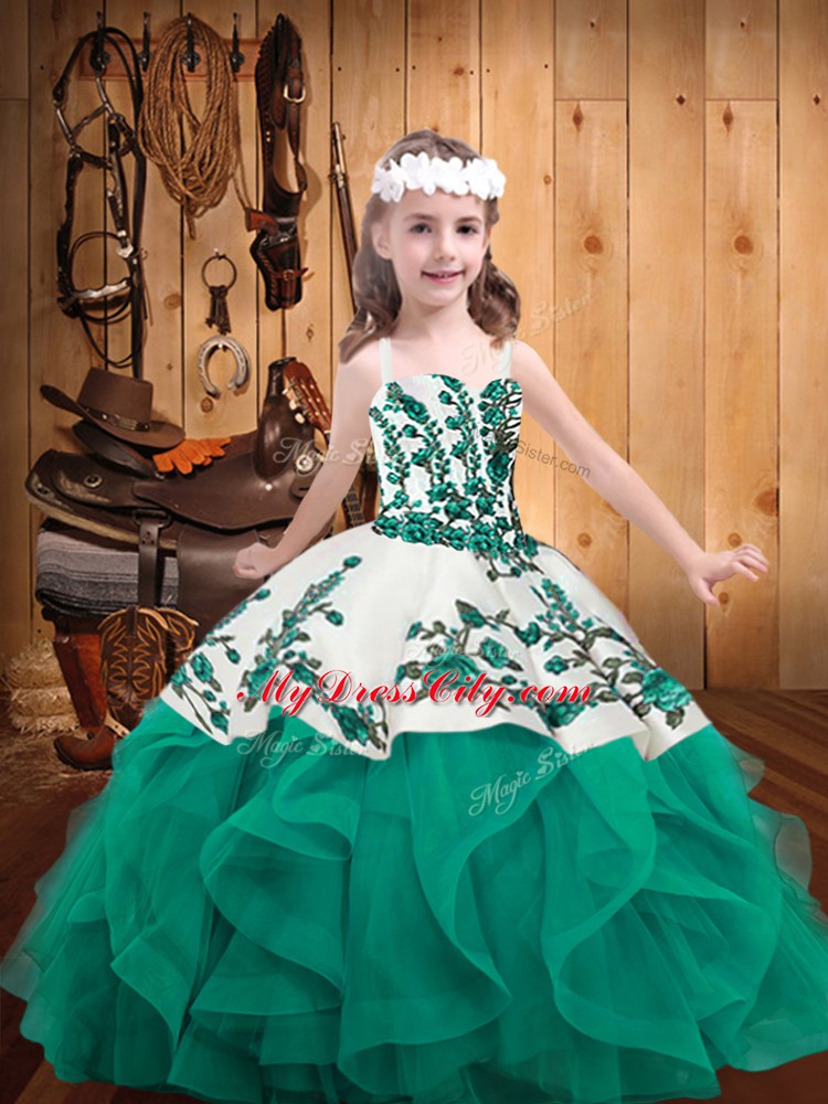 Super Straps Sleeveless Child Pageant Dress Embroidery and Ruffles Turquoise Organza