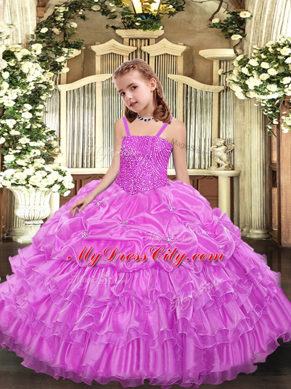 Custom Fit Lilac Sleeveless Beading and Ruffled Layers and Pick Ups Floor Length Little Girls Pageant Dress Wholesale