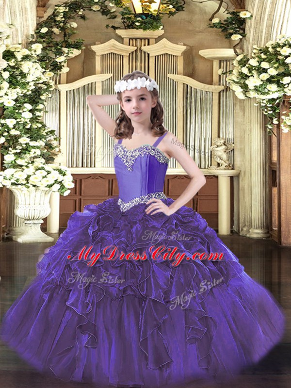 Organza Sleeveless Floor Length Little Girls Pageant Dress and Beading and Ruffles