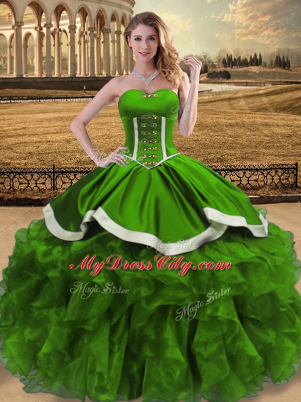 Sleeveless Floor Length Beading and Ruffles Lace Up 15 Quinceanera Dress with Green