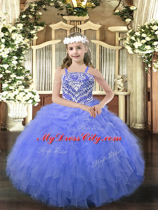 Blue Ball Gowns Straps Sleeveless Organza Floor Length Lace Up Beading and Ruffles Pageant Gowns For Girls