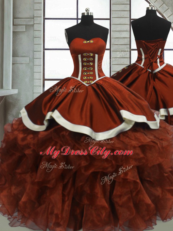 High End Rust Red Organza Lace Up Quinceanera Gown Sleeveless Floor Length Beading and Ruffles