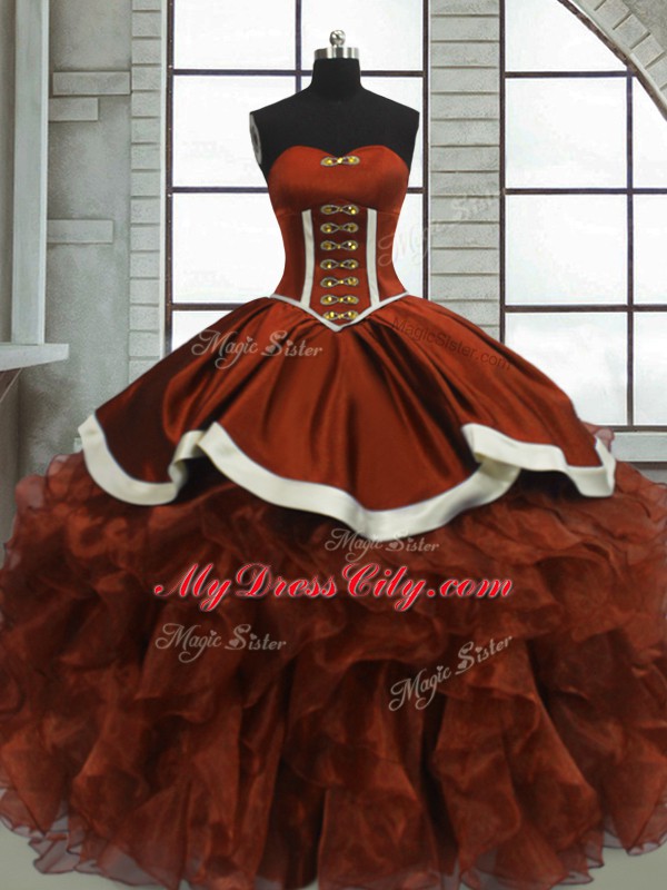 High End Rust Red Organza Lace Up Quinceanera Gown Sleeveless Floor Length Beading and Ruffles