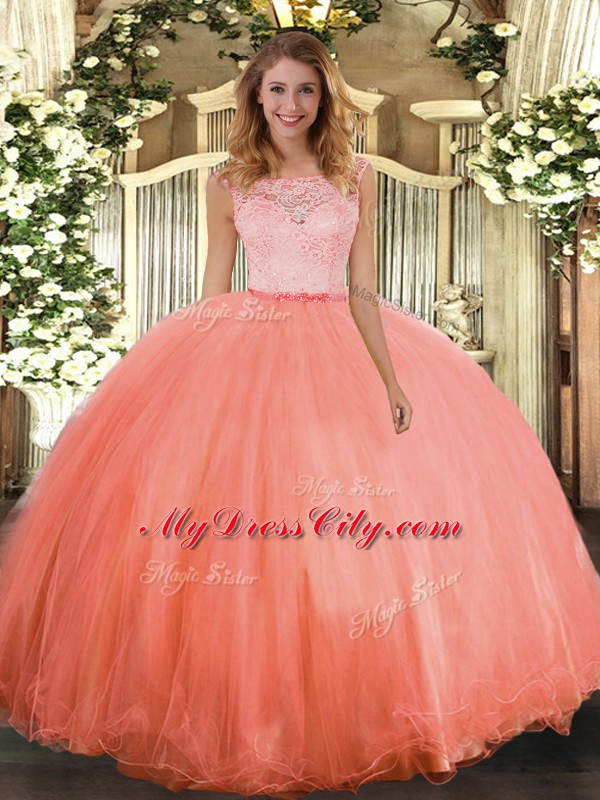 Orange Red Sleeveless Floor Length Lace Clasp Handle Quinceanera Dress