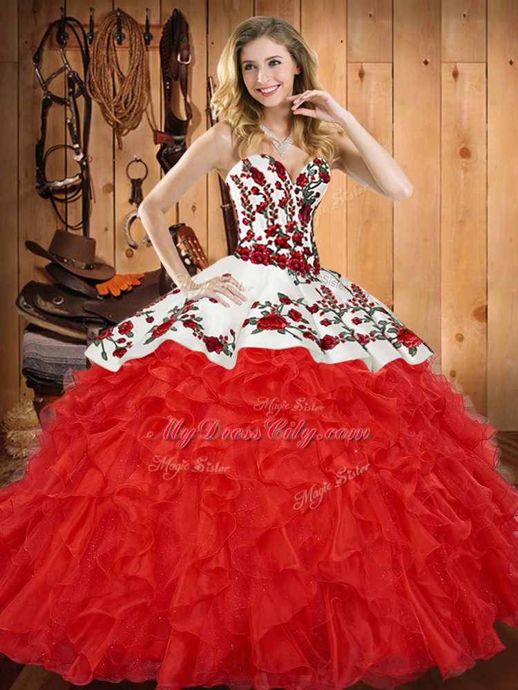 Edgy Wine Red Satin and Organza Lace Up Quinceanera Dresses Sleeveless Floor Length Embroidery and Ruffles